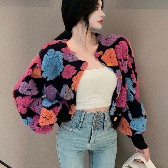 Floral jacket puff sleeve coat fuzzy 3d flowers runway fashion womens bomber - Picture 6 of 12